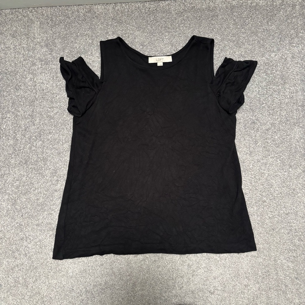 LOFT Black Cold Shoulder Ruffle Sleeve Top